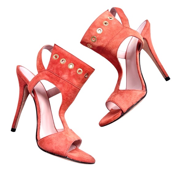 Stuart Weitzman Burnt Salmon Coral Suede Open Toe French Cuff Stiletto Heels - Picture 2 of 11